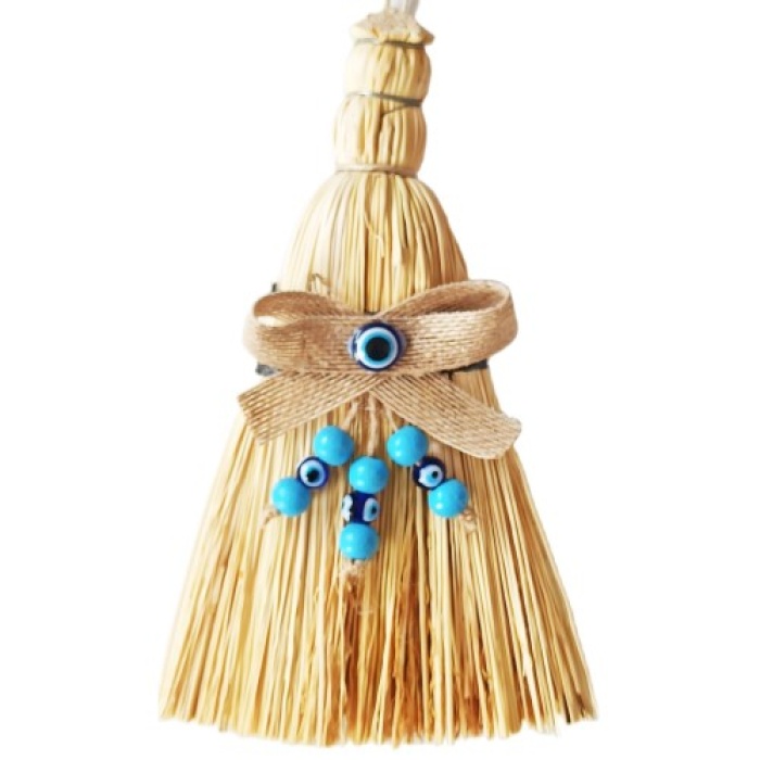 Otantik Ahşap Boncuklu Mini Süpürge Nazar Boncuklu Duvar Süsü