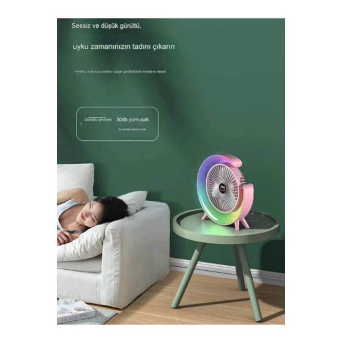 Masaüstü Vantilatör Usb Şarjlı Rgb Led Işıklı 3 Kademeli 180° Ayarlanabilir Soğutucu Fan Yeşil