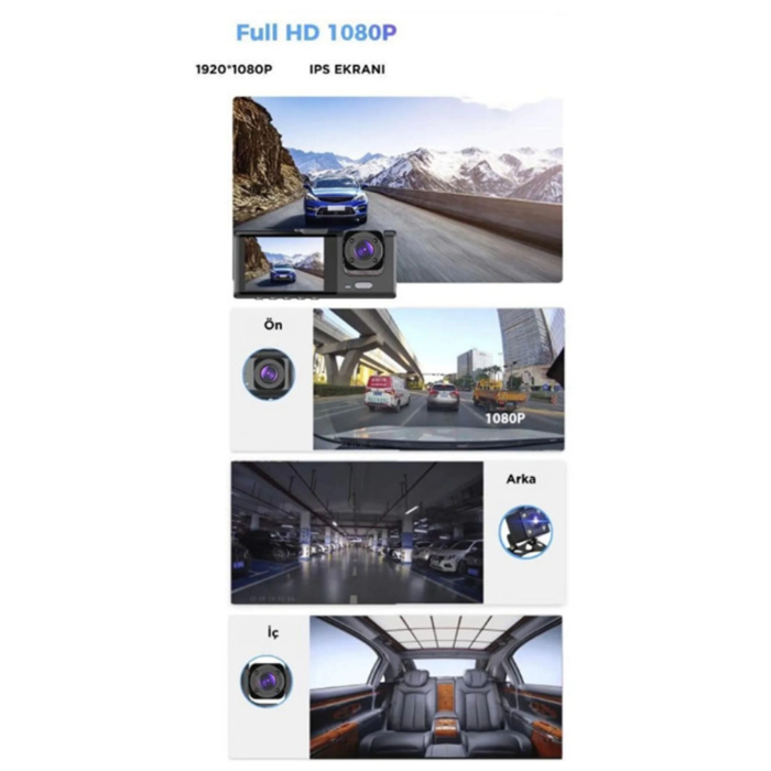 Araç İçi 1080p 3 Kameralı Lcd Ekranlı Gece Görüşlü , G-sensör , Geri Görüş Kamera