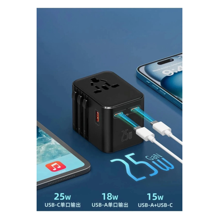 25w Evrensel Seyahat Adaptörü, Eu/us/uk/au Priz Dönüştürücü, 1x Usb, 2x Type-c Hızlı Şarj