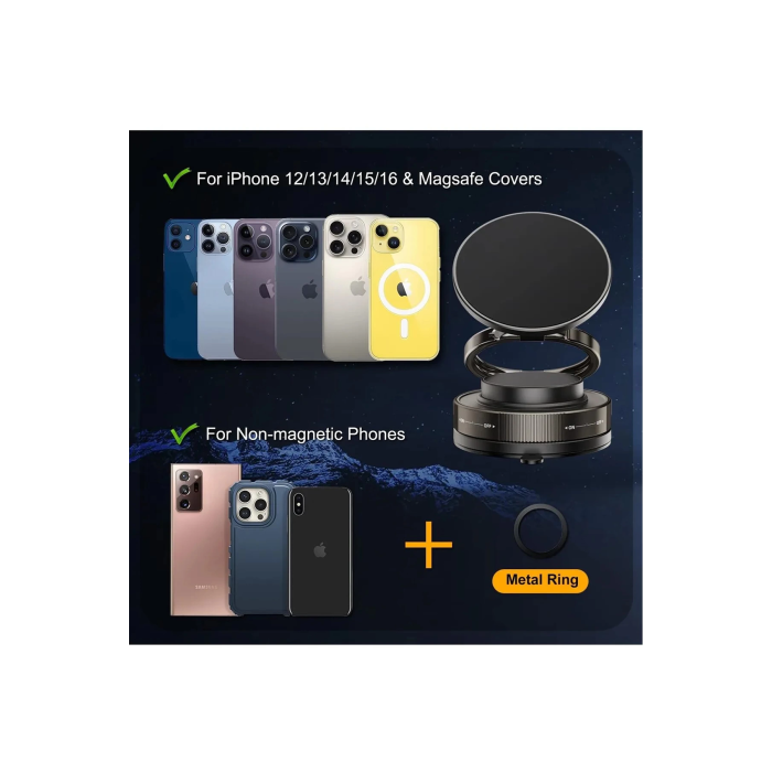 Metalik Magsafe Telefon Tutucu Tüm Yüzeylerle Uyumlu Vakumlu 360 Dönen Oynar Başlık