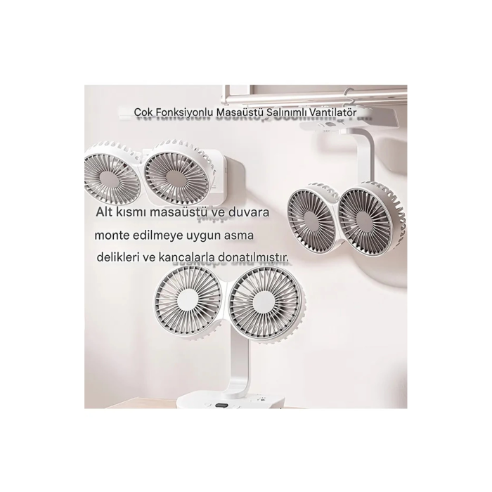 Masaüstü Dijital Ekranlı Çift Fanlı Led Işıklı Soğutucu Fan Ev Ofis Şarjlı Vantilatör