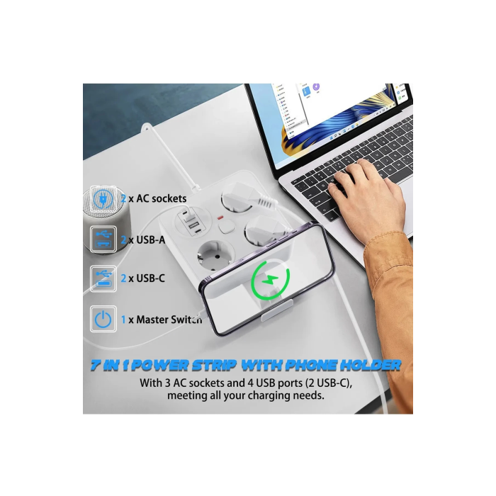 Akım Korumalı Anahtarlı Priz - 3x Priz - 2x Usb - 2x Type-c - 2 Mt Kablo Hızlı Şarj Özellikli Siyah