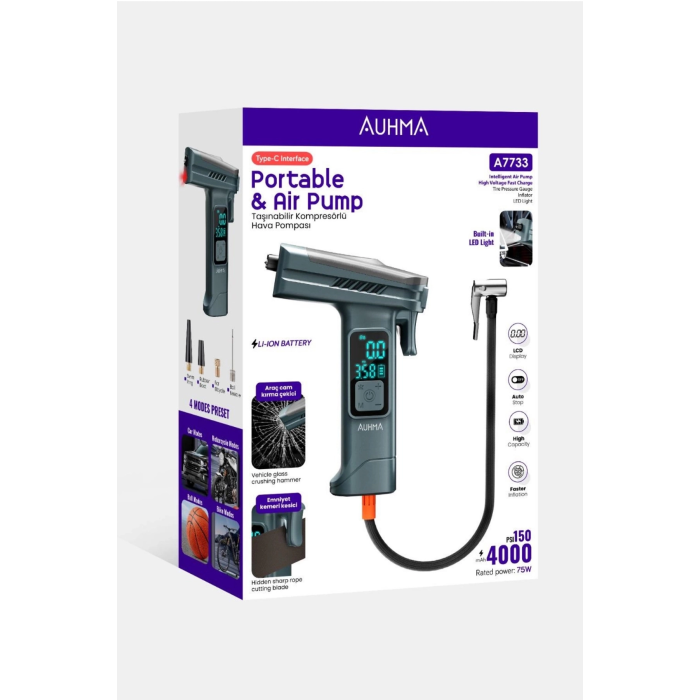 Araba Hava Pompası 4’ü 1 Arada: Kompresör + Cam Kırıcı + Kemer Kesici + Led Işık Şarjlı 4000mah Araç Kompresörlü