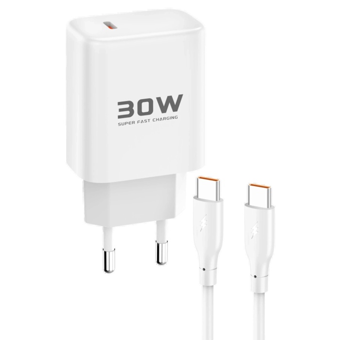 KYL06 JK89 30W Type-C Çıkışlı Ekstra DC67 1M Type-C to Type-C Kablolu PD Şarj Cihazı - Beyaz