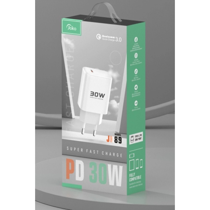 KYL06 JK89 30W Type-C Çıkışlı Ekstra DC67 1M Type-C to Type-C Kablolu PD Şarj Cihazı - Beyaz