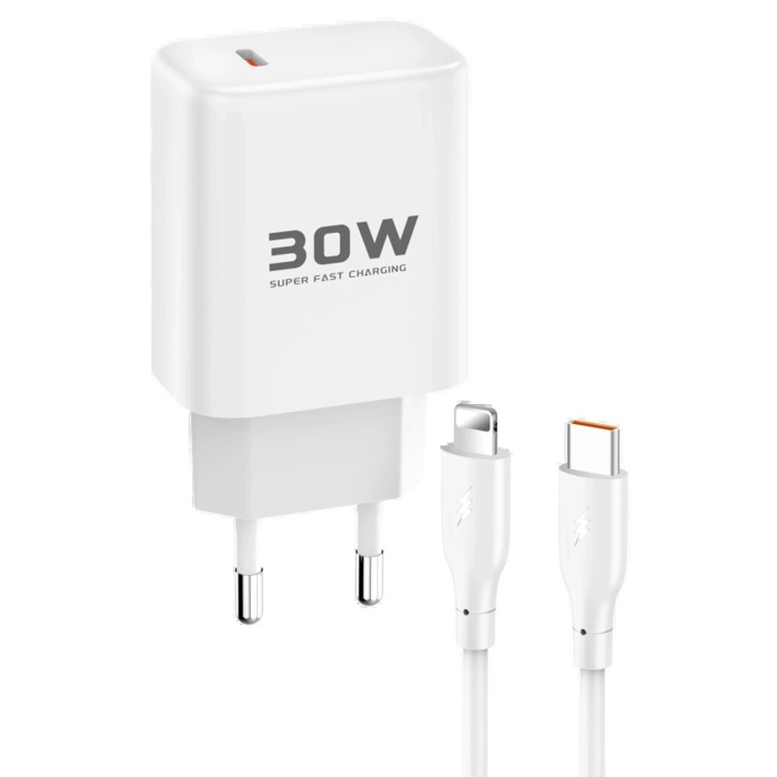 KYL06 JK89 30W Type-C Çıkışlı Ekstra DC66 1M Type-C to Lightning Kablolu PD Şarj Cihazı - Beyaz