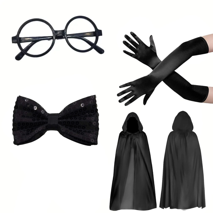 Siyah Kapüşonlu Büyücü Ve Cadı Pelerin Kostüm Seti (4 Parça)