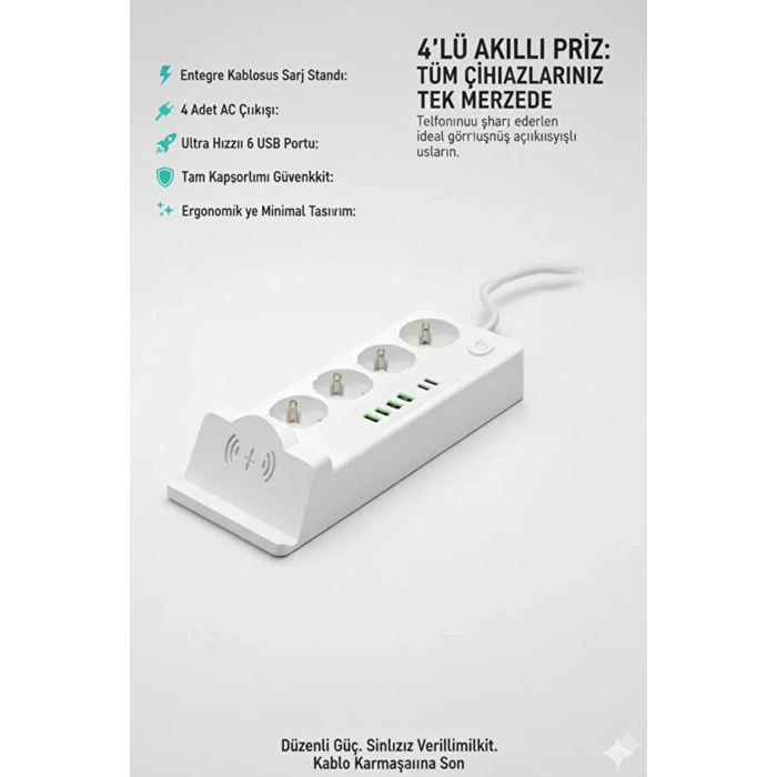 Akım Korumalı Priz Ve Masaüstü Şarj İstasyonu Kablosuz 4 Priz ,4 Usb, 2 Type-c Girişli 2 Metre
