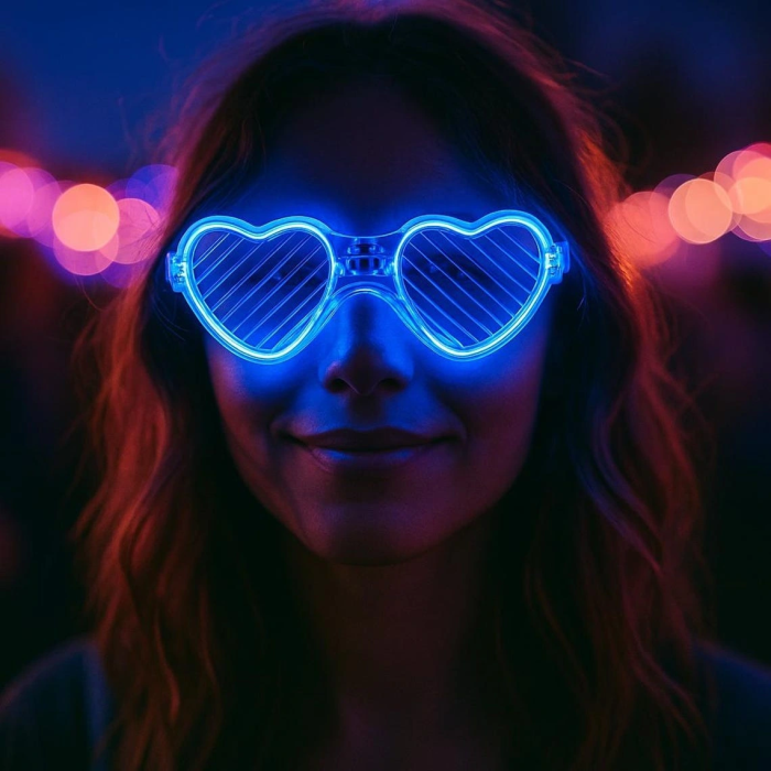 Mavi Led Işıklı Kalp Gözlük – 3 Modlu Parti  Glow Gözlüğü