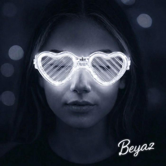 Beyaz Led Işıklı Kalp Gözlük – 3 Modlu Parti  Glow Gözlüğü