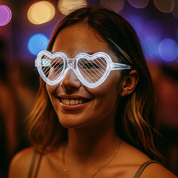 Beyaz Led Işıklı Kalp Gözlük – 3 Modlu Parti  Glow Gözlüğü