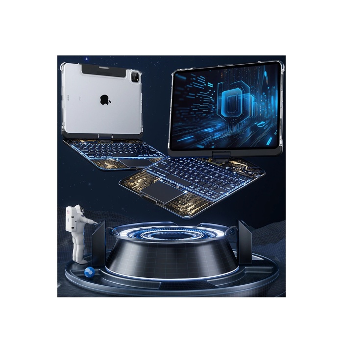 KYL06 JP12.9 iPad Pro 12.9 (2022) Kılıf Vales Dönen Ledli Klavyeli Tablet Kılıfı - Siyah