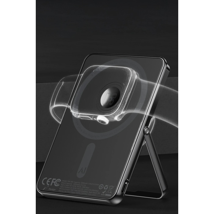 KYL06 PW580 5.000 mAh 20W Type-C 15W Kablosuz Şarj 3W Saat Şarj ve 5W Kulaklık Şarj Destekli PD Hızlı Şarj Magsafe Powerbank - Siyah