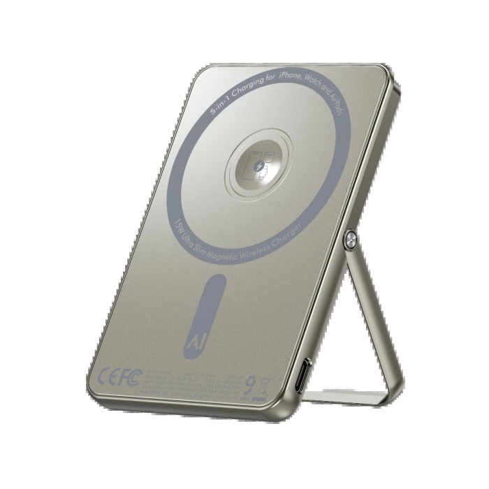 KYL06 PW580 5.000 mAh 20W Type-C 15W Kablosuz Şarj 3W Saat Şarj ve 5W Kulaklık Şarj Destekli PD Hızlı Şarj Magsafe Powerbank - Titanyum