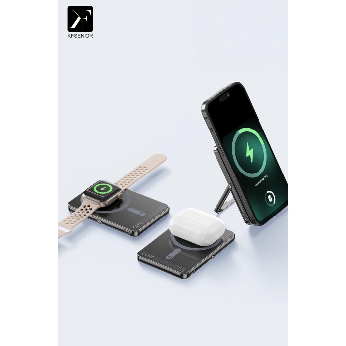 KYL06 PW580 5.000 mAh 20W Type-C 15W Kablosuz Şarj 3W Saat Şarj ve 5W Kulaklık Şarj Destekli PD Hızlı Şarj Magsafe Powerbank - Titanyum