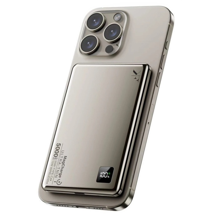 KYL06 PW555 5.000 mAh Dijital Göstergeli 18W Type-C ve 15W Kablosuz Şarj PD Hızlı Şarj Magsafe Powerbank - Titanyum