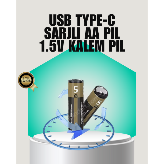 1.5V AA Şarjlı Lityum Pil | 1000+ Kez Şarj Edilebilir | Hızlı Type-C Şarj (2 Adet)