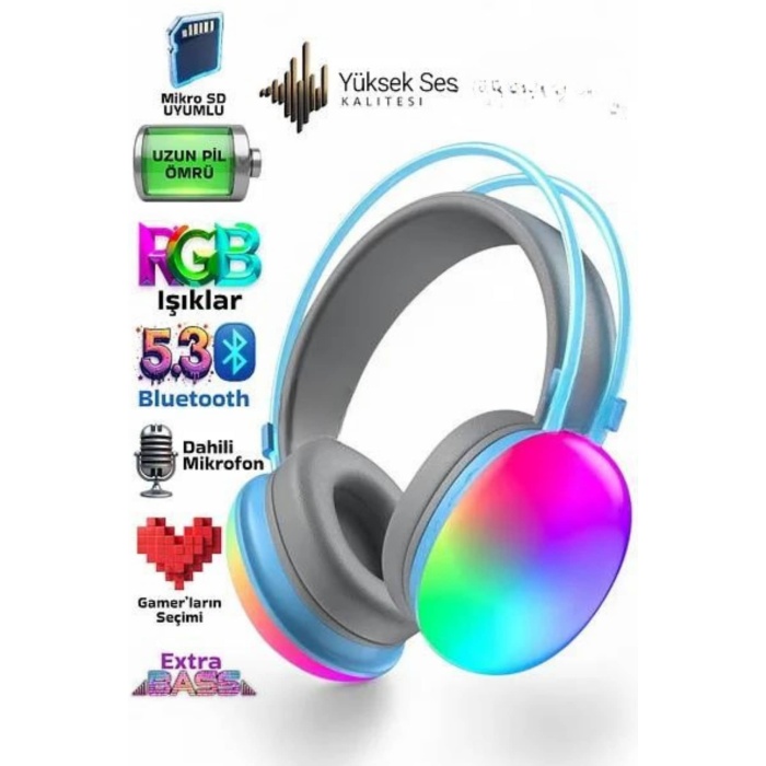 Yeni Nesil Kulak Üstü Kablosuz Uzun Ömürlü RGB Işıklı Bluetooth Kulaklık