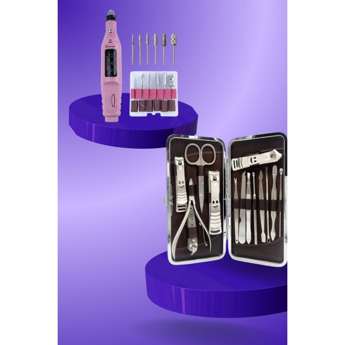 Elektrikli Manikür Pedikür Seti İkili Set 12 Parça Tırnak Bakımı Törpü Protez Çıkarma