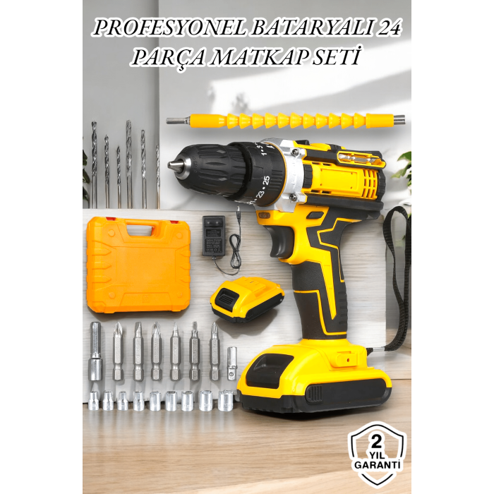 24 Parça Çift Bataryalı Şarjlı Matkap Seti 24W Motor ve Otomatik Mil Kilitli Tasarım