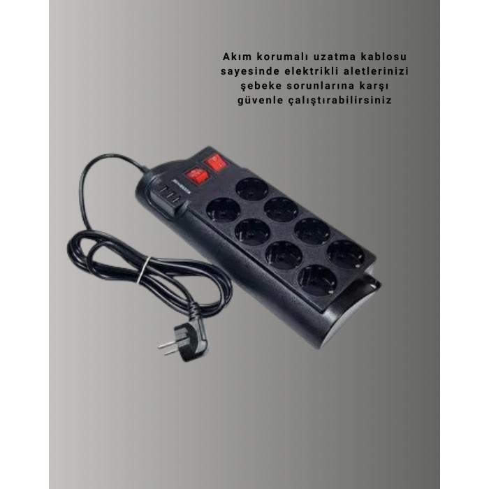 Güçlü Termal Korumalı 8 Priz + 3 USB Çoklu Uzatma Kablosu 2m