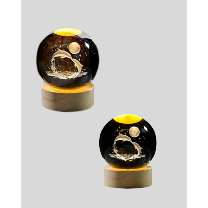 Yunus Temalı Kristal Küre USB Işıklı Ahşap Altlıklı Gece Lambası