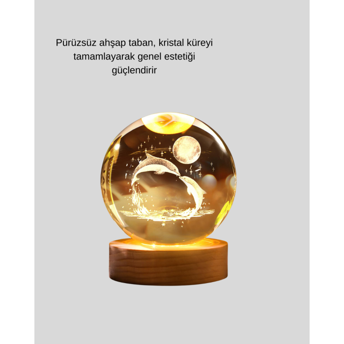 3D Yunus Desenli Kristal Küre Ahşap Tabanlı Işıklı Dekor Objesi