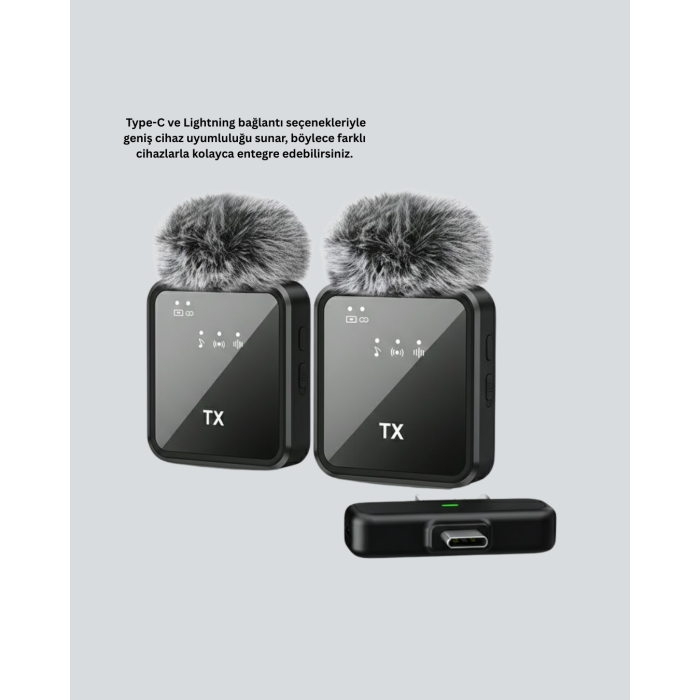 2in1 Kablosuz Yaka Mikrofonu iOS ve Android Uyumlu