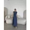 Keten Yandan Yırtmaçlı  Uzun Sıfır Kolsuz Elbise - Mavi