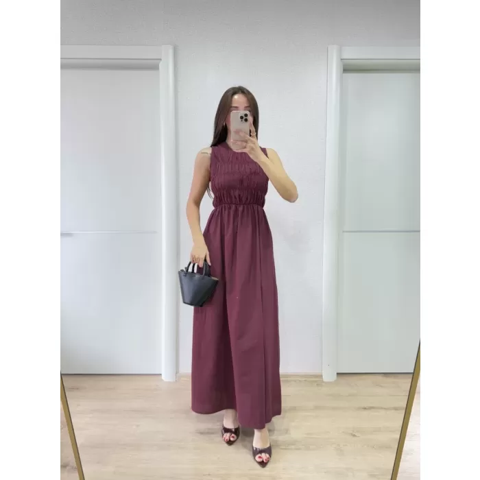 Kolsuz Göğüs Lastıklı Uzun Elbise - Bordo