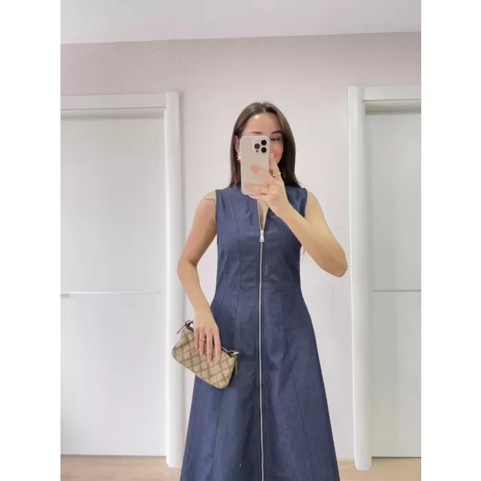 Jeans Kot Önü Tam Fermuarlı Uzun Elbise - Mavi