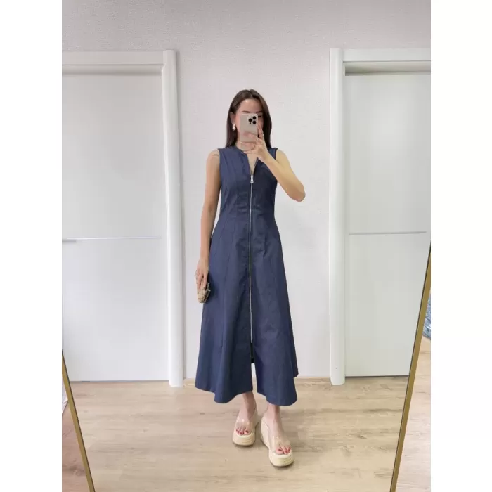 Jeans Kot Önü Tam Fermuarlı Uzun Elbise - Mavi