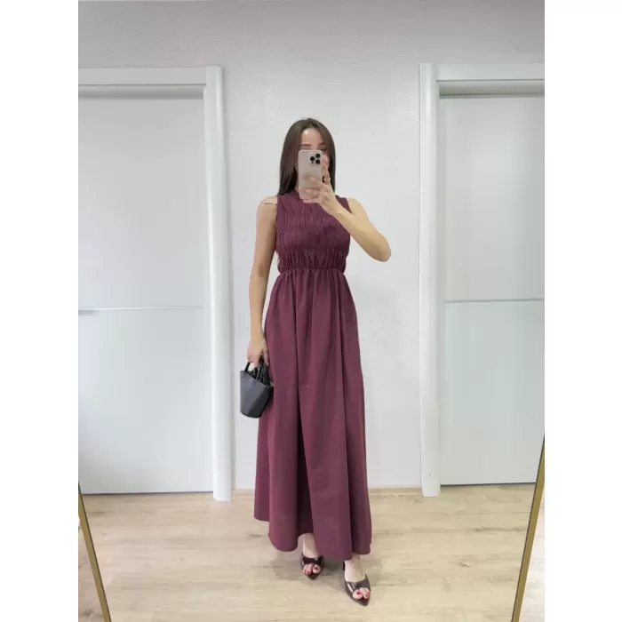 Kolsuz Göğüs Lastıklı Uzun Elbise - Bordo