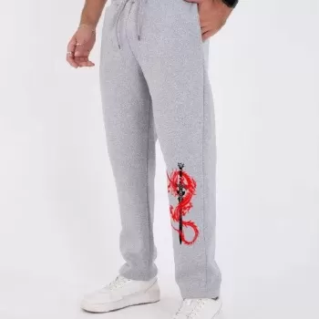 Kışlık Üç İplik Baskılı Eşofman Pantolon - Gri