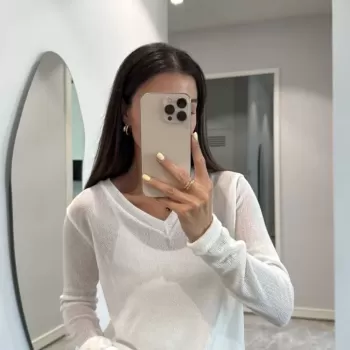 V Yaka uzun Kollu Triko ince Bluz - Beyaz