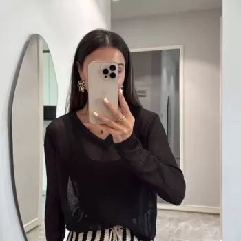 V Yaka uzun Kollu Triko ince Bluz - Siyah