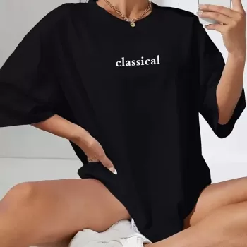 Classical Baskılı Siyah Oversize Tişort - Siyah