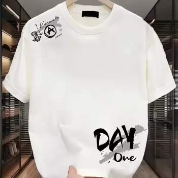 Day One Baskılı Oversize Bisiklet Yaka T-shirt - Beyaz