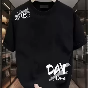 Day One Baskılı Oversize Bisiklet Yaka T-shirt - Siyah
