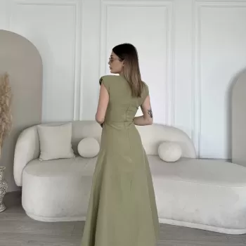 Keten Yandan Yırtmaçlı Uzun Sıfır Kolsuz Elbise - Yeşil