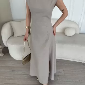 Keten Yandan Yırtmaçlı Uzun Sıfır Kolsuz Elbise - Gri