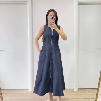 Jeans Kot Önü Tam Fermuarlı Uzun Elbise - Mavi
