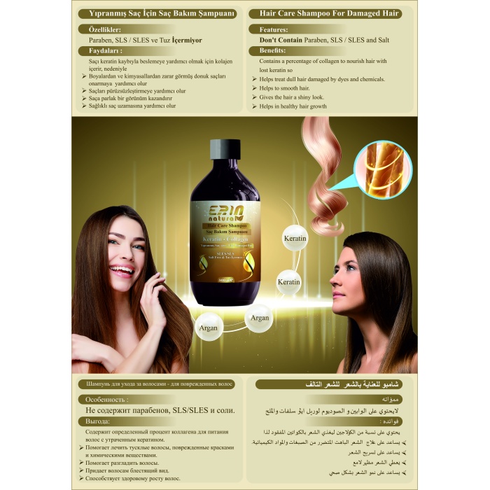 2 Adet Erin Natural Yıpranmış Saç İçin  Bakım Şampuanı 500 ml