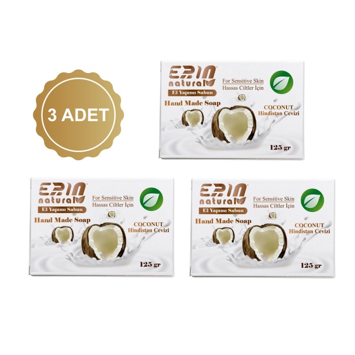 3 Adet Erin Natural El Yapımı Hindistan Cevizi Yağlı Sabun 125 gr