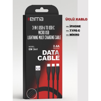 Üçlü Şarj Kablosu Üçü Bir Arada Type-C Lightning Micro