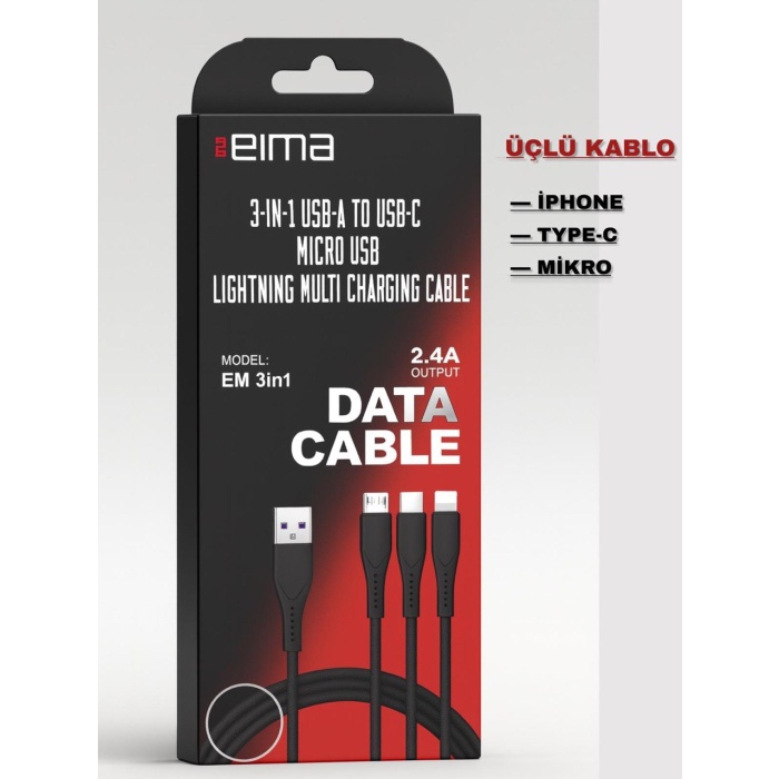 Üçlü Şarj Kablosu Üçü Bir Arada Type-C Lightning Micro