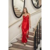 DANTELLİ UZUN YIRTMAÇLI SATEN GECELİK ELBİSE STRİNG TAKIM KIRMIZI (MGP31512)