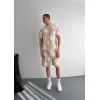 İki İplik Kumaş Baskılı T-shirt Şortlu Takım- Bej