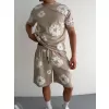 İki İplik Kumaş Baskılı T-shirt Şortlu Takım- Bej